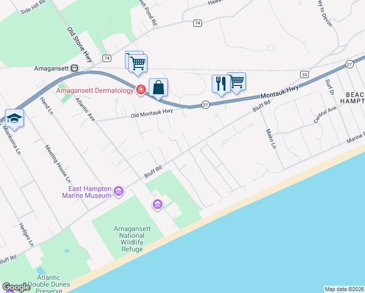 map of restaurants, bars, coffee shops, grocery stores, and more near 190 Bluff Road in Amagansett