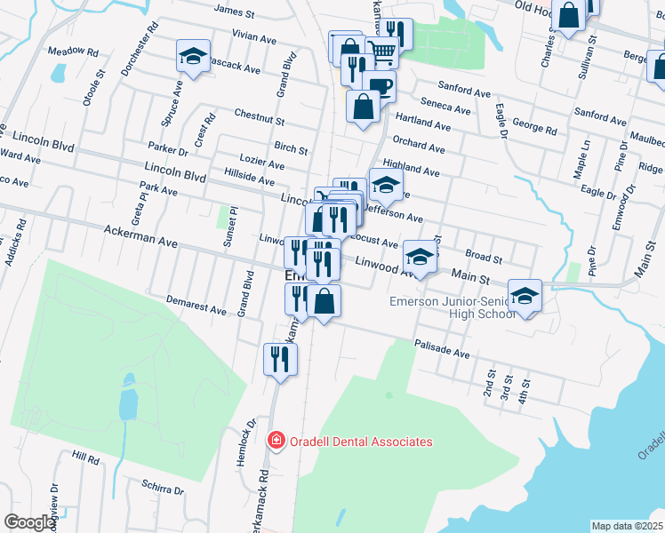 map of restaurants, bars, coffee shops, grocery stores, and more near in Emerson