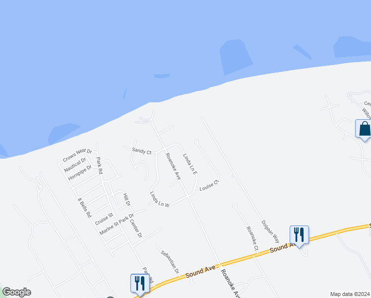 map of restaurants, bars, coffee shops, grocery stores, and more near 111 Louise Court in Riverhead