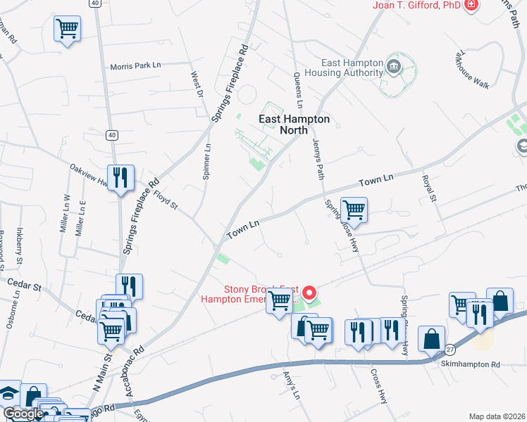 map of restaurants, bars, coffee shops, grocery stores, and more near 5 Pine Close in East Hampton