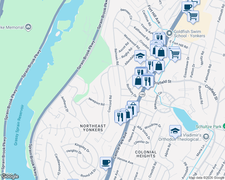 map of restaurants, bars, coffee shops, grocery stores, and more near 185 Concord Road in Yonkers