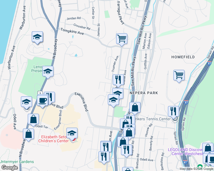 map of restaurants, bars, coffee shops, grocery stores, and more near 208 Truman Avenue in Yonkers