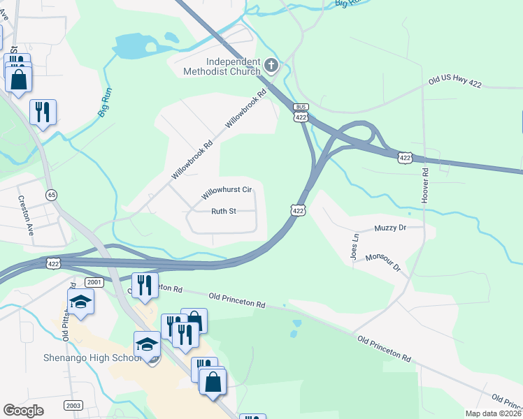 map of restaurants, bars, coffee shops, grocery stores, and more near 2530 Willowhurst Circle in New Castle