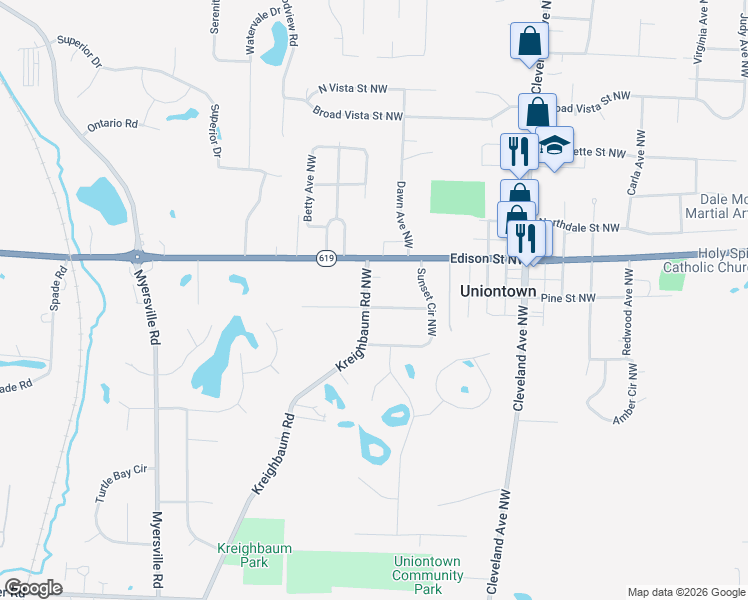map of restaurants, bars, coffee shops, grocery stores, and more near 13060 Kreighbaum Road Northwest in Uniontown