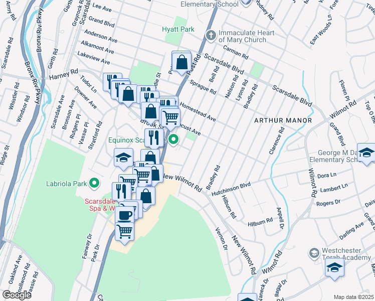 map of restaurants, bars, coffee shops, grocery stores, and more near 67 Bell Road in Scarsdale