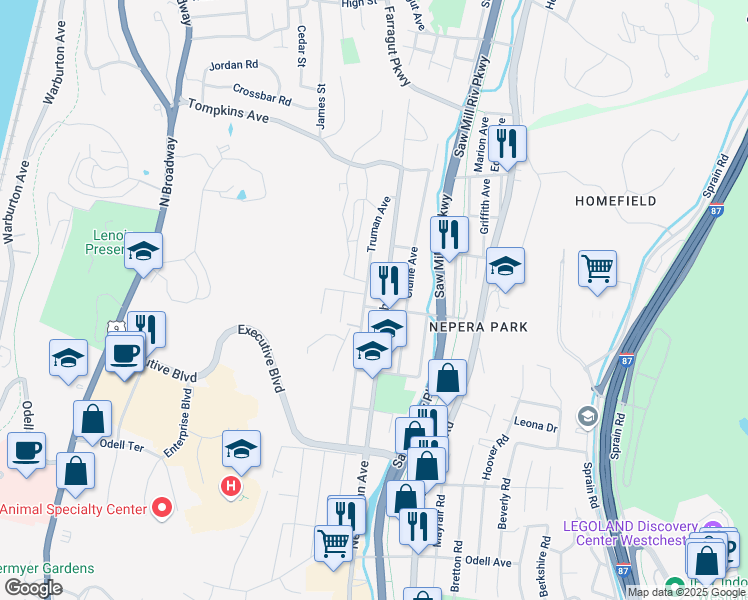 map of restaurants, bars, coffee shops, grocery stores, and more near 208 Truman Avenue in Yonkers