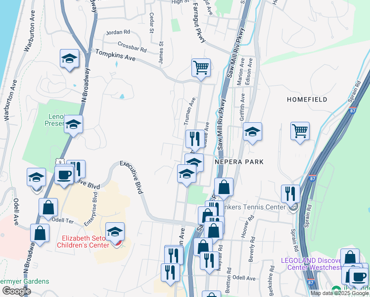 map of restaurants, bars, coffee shops, grocery stores, and more near 208 Truman Avenue in Yonkers