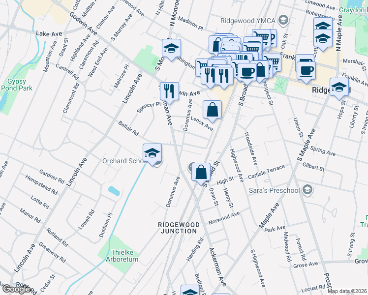 map of restaurants, bars, coffee shops, grocery stores, and more near 36 Richmond Avenue in Ridgewood
