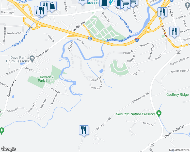 map of restaurants, bars, coffee shops, grocery stores, and more near 32 Harmon Drive in Stroudsburg