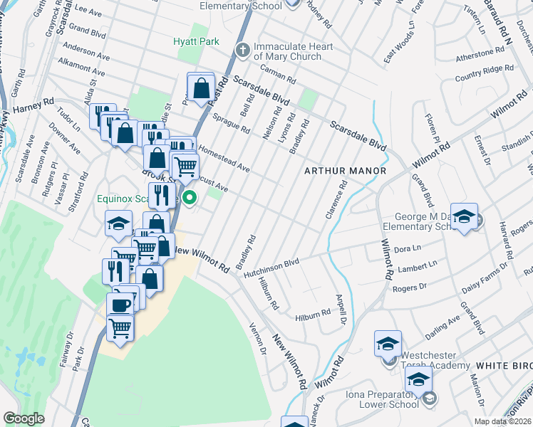 map of restaurants, bars, coffee shops, grocery stores, and more near 106 Bradley Road in Scarsdale