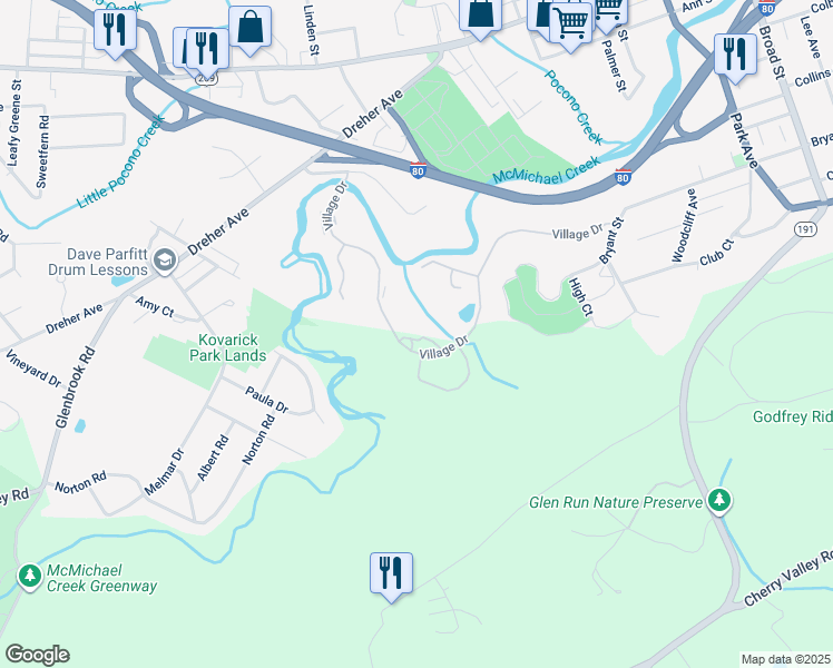 map of restaurants, bars, coffee shops, grocery stores, and more near 41 Dragonfly Circle in Stroudsburg