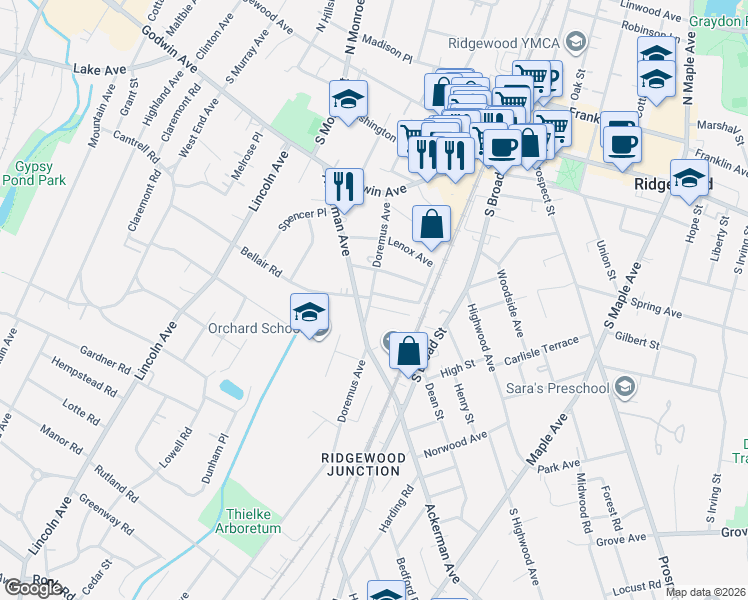 map of restaurants, bars, coffee shops, grocery stores, and more near 36 Richmond Avenue in Ridgewood
