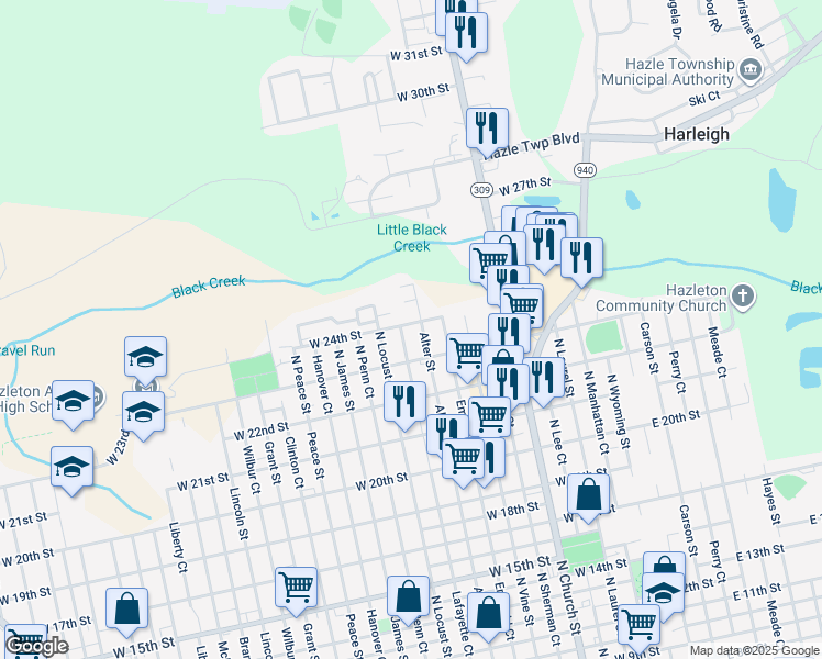 map of restaurants, bars, coffee shops, grocery stores, and more near 420 West 24th Street in Luzerne County