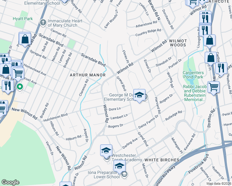 map of restaurants, bars, coffee shops, grocery stores, and more near 48 Bonnie Meadow Road in Scarsdale