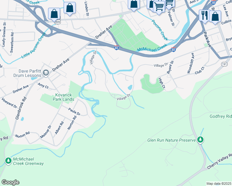 map of restaurants, bars, coffee shops, grocery stores, and more near 41 Dragonfly Circle in Stroudsburg