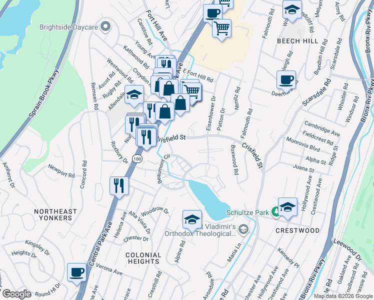 map of restaurants, bars, coffee shops, grocery stores, and more near 66 Crisfield Street in Yonkers