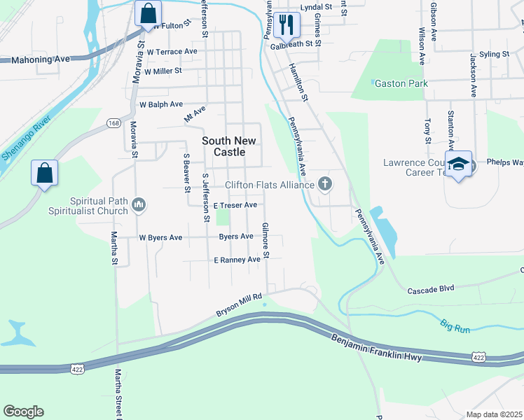 map of restaurants, bars, coffee shops, grocery stores, and more near 207 East Treser Avenue in New Castle