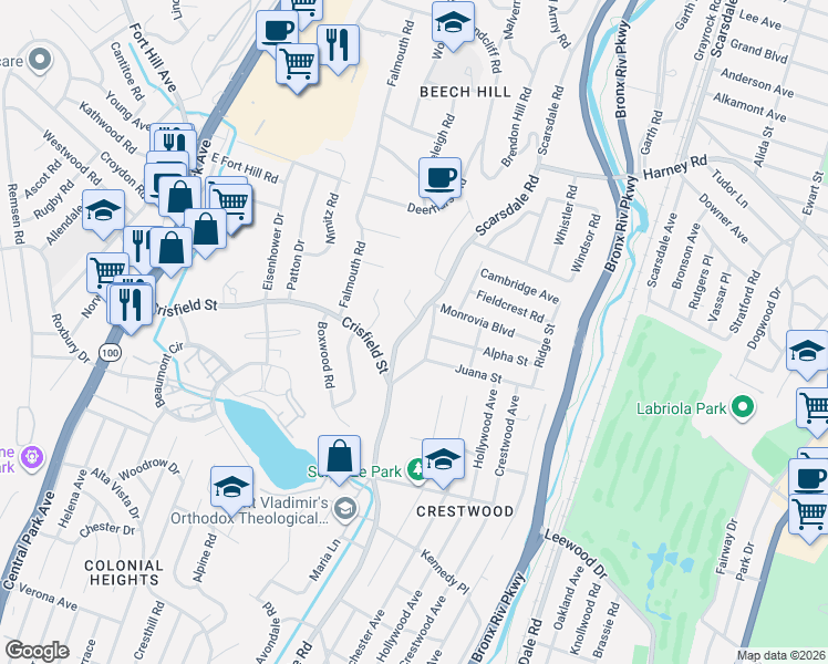 map of restaurants, bars, coffee shops, grocery stores, and more near 21 Malcolm Wilson Lane in Yonkers