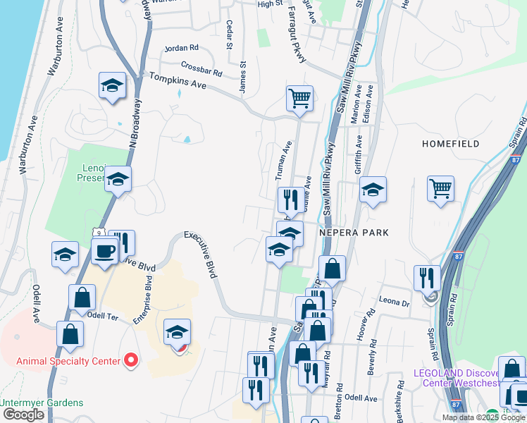 map of restaurants, bars, coffee shops, grocery stores, and more near 208 Truman Avenue in Yonkers