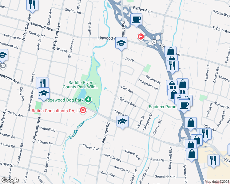map of restaurants, bars, coffee shops, grocery stores, and more near 727 Paramus Road in Paramus