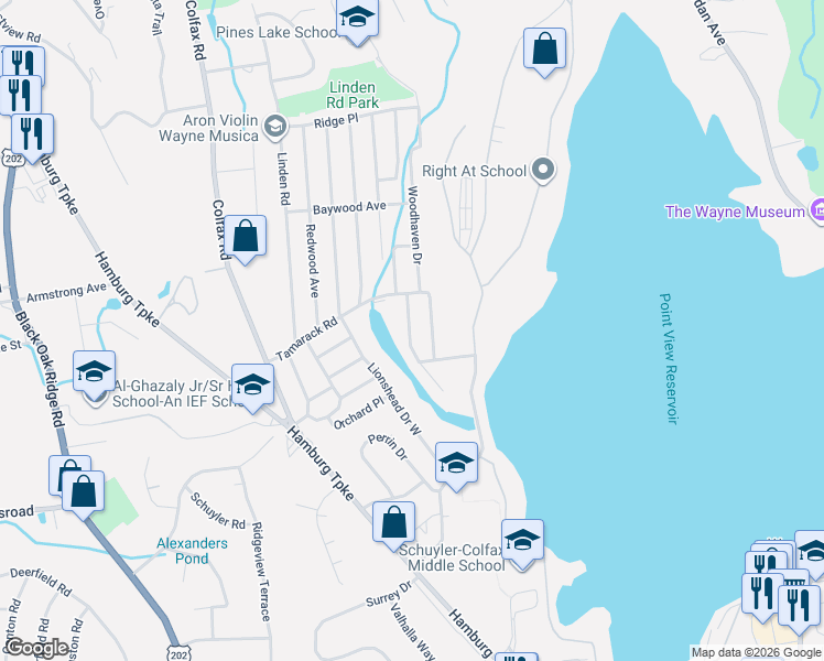 map of restaurants, bars, coffee shops, grocery stores, and more near 165 Lions Head Drive East in Wayne