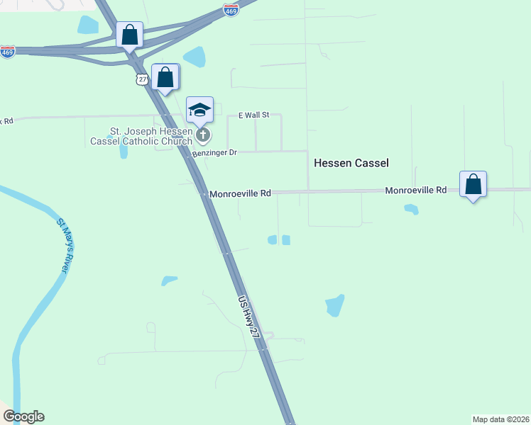 map of restaurants, bars, coffee shops, grocery stores, and more near 4520 Monroeville Road in Fort Wayne