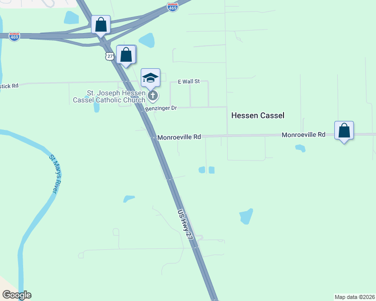 map of restaurants, bars, coffee shops, grocery stores, and more near 4520 Monroeville Road in Fort Wayne
