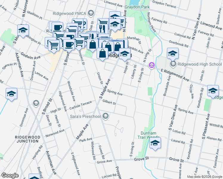 map of restaurants, bars, coffee shops, grocery stores, and more near 155 South Maple Avenue in Ridgewood
