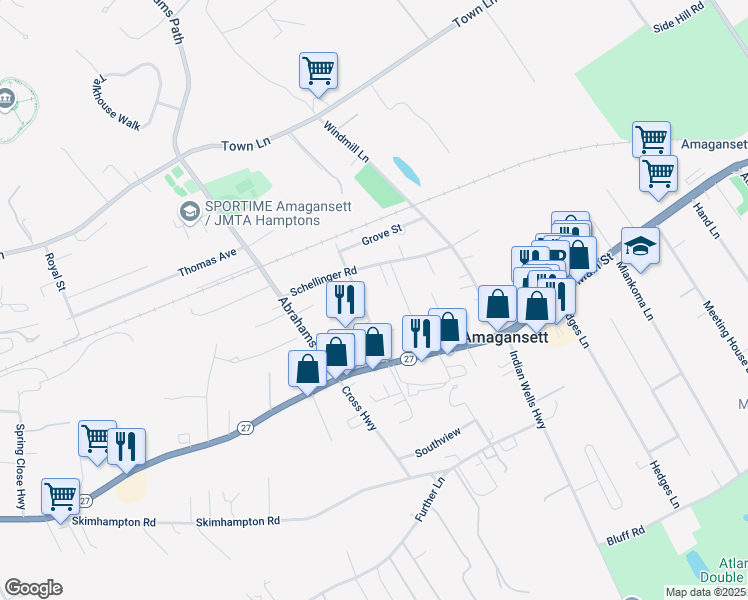 map of restaurants, bars, coffee shops, grocery stores, and more near 76 Oak Lane in Amagansett