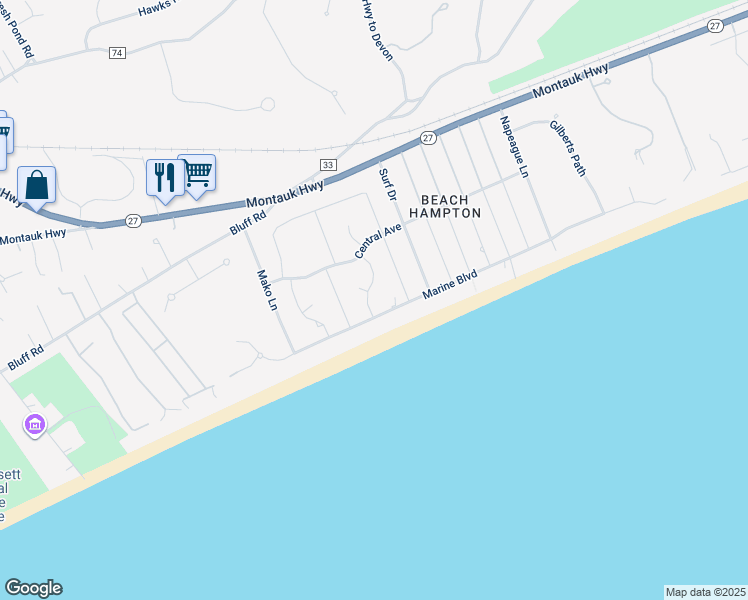 map of restaurants, bars, coffee shops, grocery stores, and more near 10 Dune Lane in Amagansett