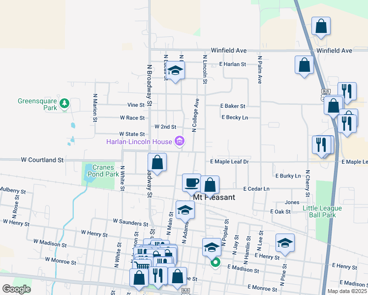 map of restaurants, bars, coffee shops, grocery stores, and more near 101 East Broad Street in Mount Pleasant