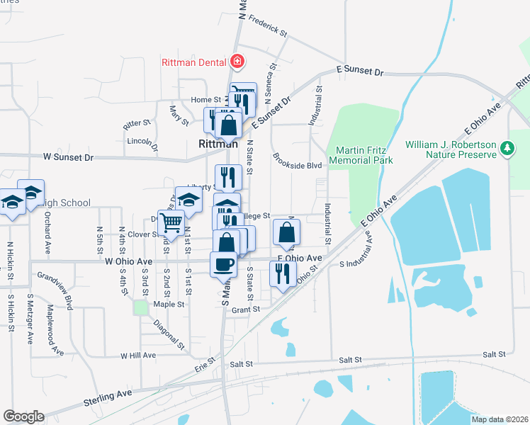 map of restaurants, bars, coffee shops, grocery stores, and more near 79 North Seneca Street in Rittman