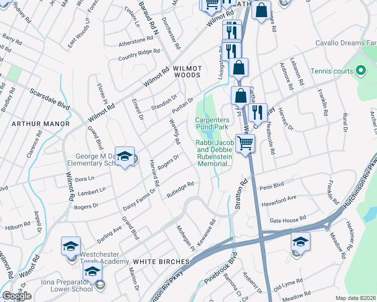 map of restaurants, bars, coffee shops, grocery stores, and more near 156 Waverly Road in Scarsdale