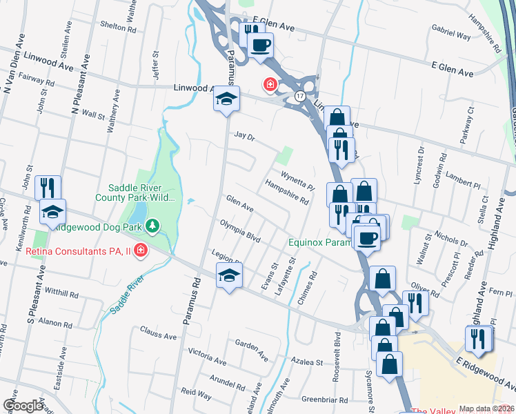 map of restaurants, bars, coffee shops, grocery stores, and more near 35 Hollybrook Road in Paramus