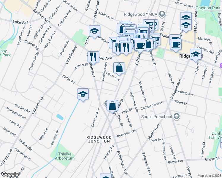 map of restaurants, bars, coffee shops, grocery stores, and more near 36 Richmond Avenue in Ridgewood