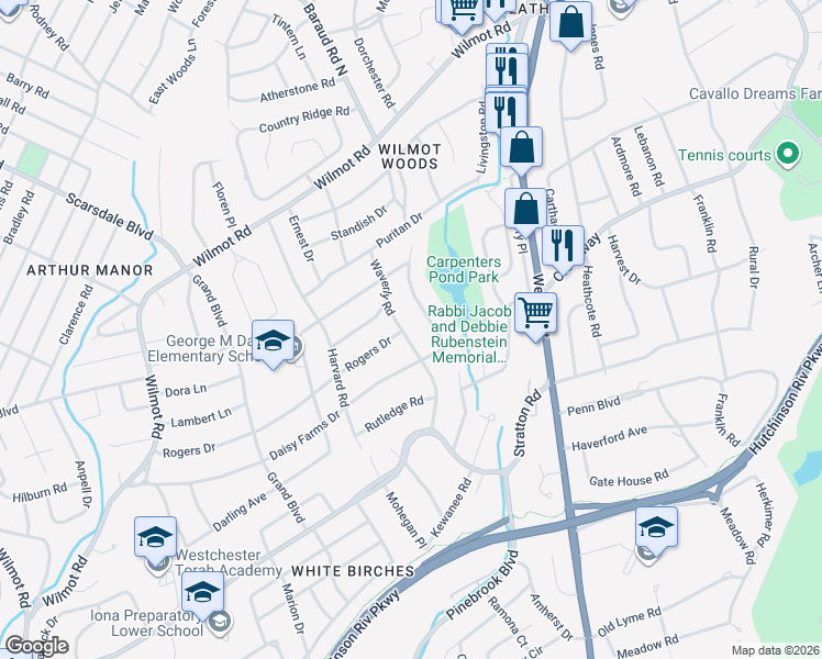 map of restaurants, bars, coffee shops, grocery stores, and more near 156 Waverly Road in Scarsdale