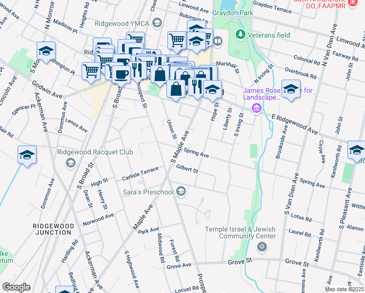 map of restaurants, bars, coffee shops, grocery stores, and more near 155 South Maple Avenue in Ridgewood