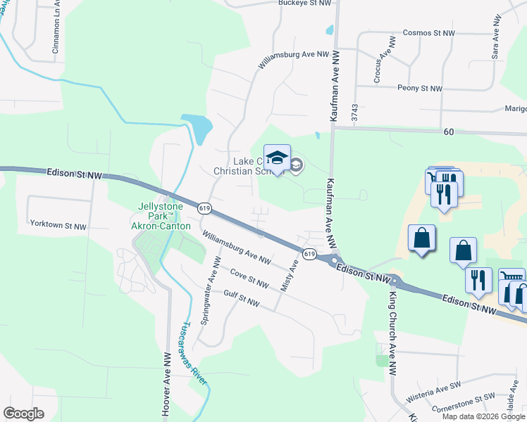 map of restaurants, bars, coffee shops, grocery stores, and more near 12780 Forsythia Avenue Northwest in Uniontown