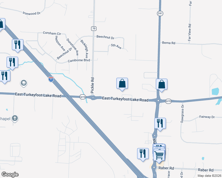 map of restaurants, bars, coffee shops, grocery stores, and more near 1441 East Turkeyfoot Lake Road in Akron