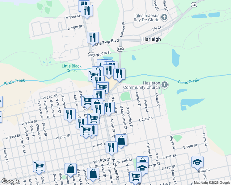 map of restaurants, bars, coffee shops, grocery stores, and more near in Luzerne County