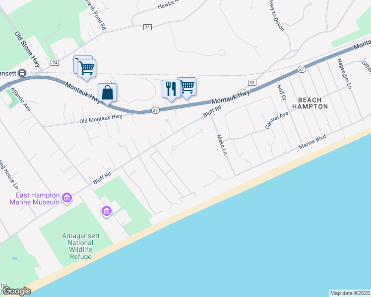 map of restaurants, bars, coffee shops, grocery stores, and more near 6 Dune Lane in Amagansett