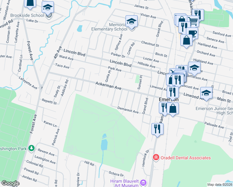 map of restaurants, bars, coffee shops, grocery stores, and more near 169 Ackerman Avenue in Emerson