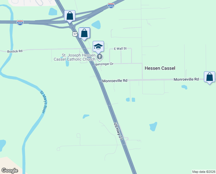 map of restaurants, bars, coffee shops, grocery stores, and more near 4506 Monroeville Road in Fort Wayne