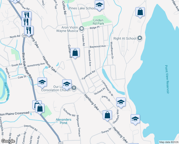 map of restaurants, bars, coffee shops, grocery stores, and more near 18 Redwood Avenue in Wayne