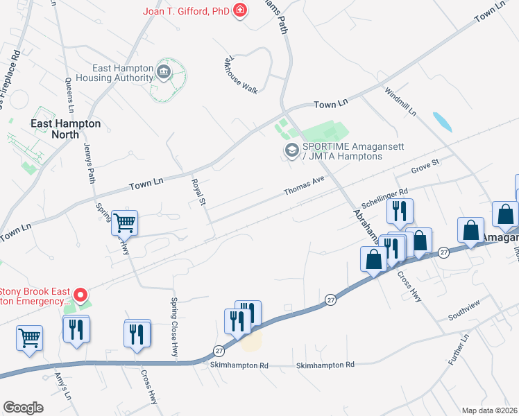 map of restaurants, bars, coffee shops, grocery stores, and more near 52 Thomas Avenue in East Hampton