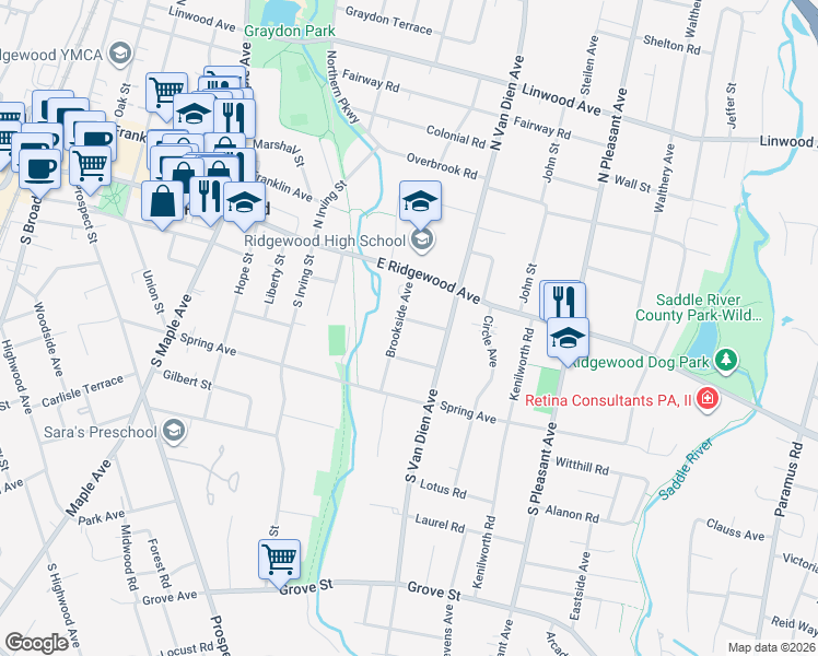 map of restaurants, bars, coffee shops, grocery stores, and more near 33 Brookside Avenue in Ridgewood