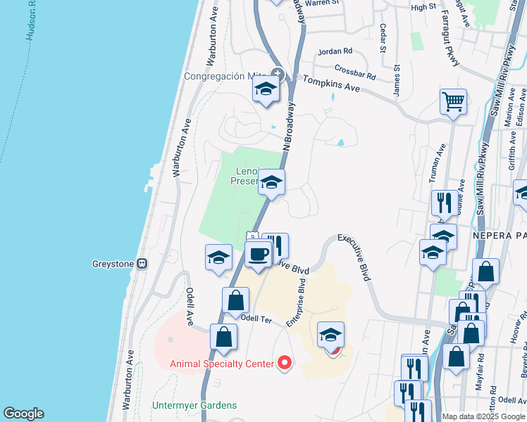 map of restaurants, bars, coffee shops, grocery stores, and more near 1086 Broadway in Yonkers