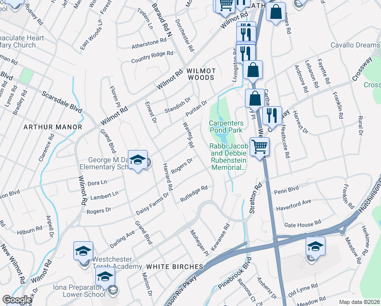 map of restaurants, bars, coffee shops, grocery stores, and more near 46 Michael Drive in Scarsdale