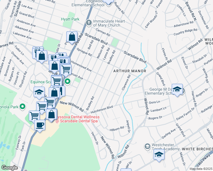 map of restaurants, bars, coffee shops, grocery stores, and more near 106 Bradley Road in Scarsdale