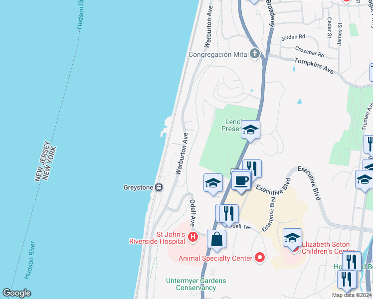 map of restaurants, bars, coffee shops, grocery stores, and more near 1120 Warburton Avenue in Yonkers